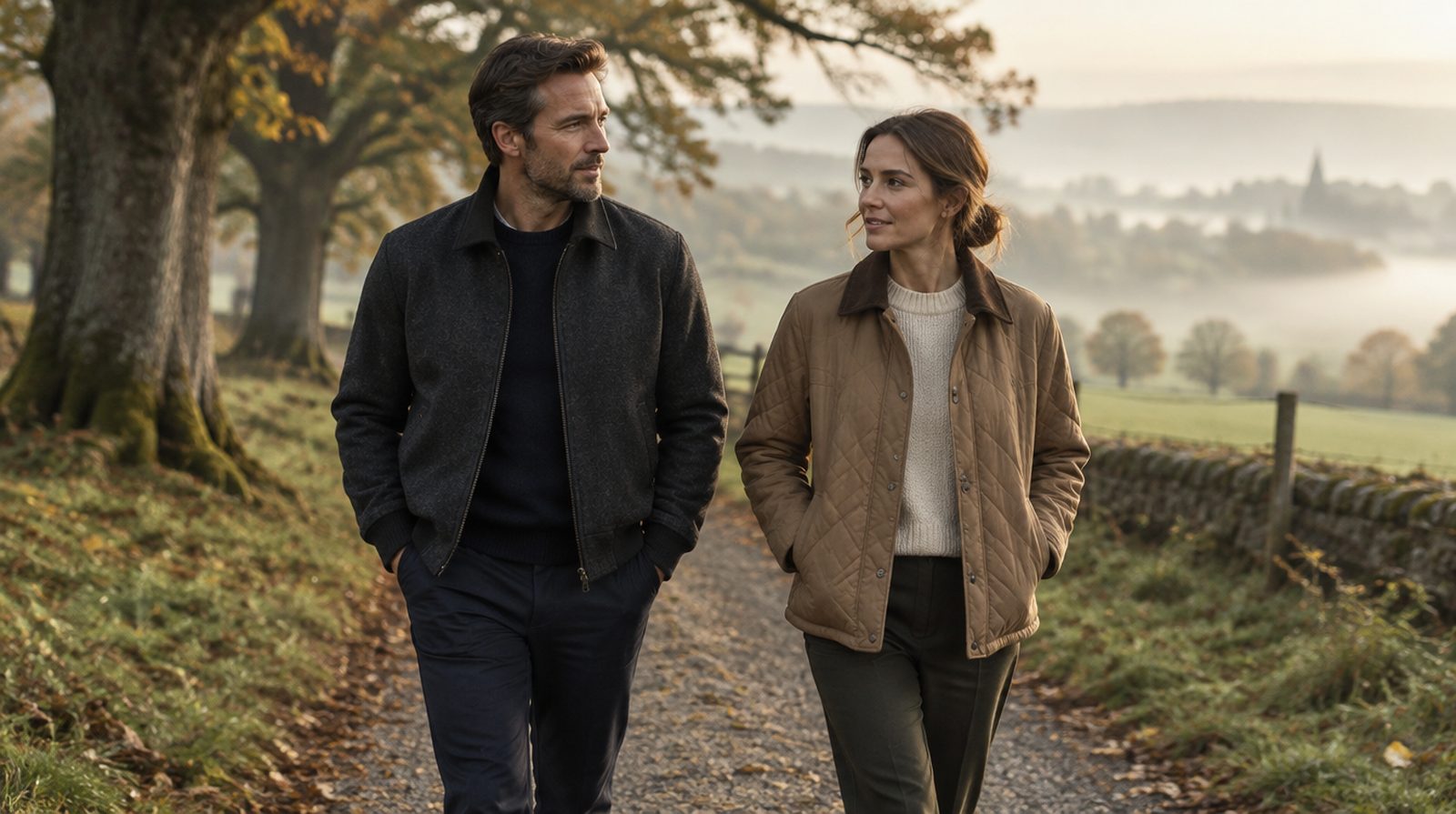 Ein Mann im anthrazitfarbenen Wollblouson und eine Frau in kamelfarbener Steppjacke gehen einen Kiesweg durch neblige Herbstlandschaft entlang.
