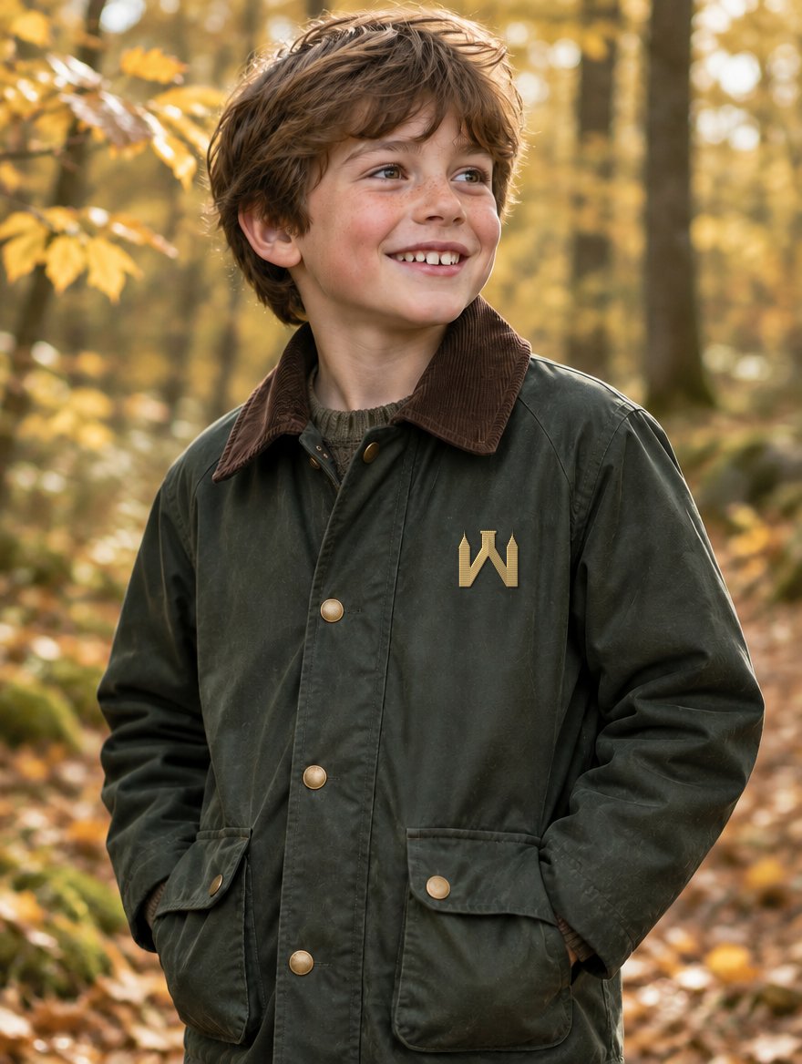 Lachender Junge in tannengrüner Wachsjacke mit gold gesticktem W-Signet im Herbstwald.