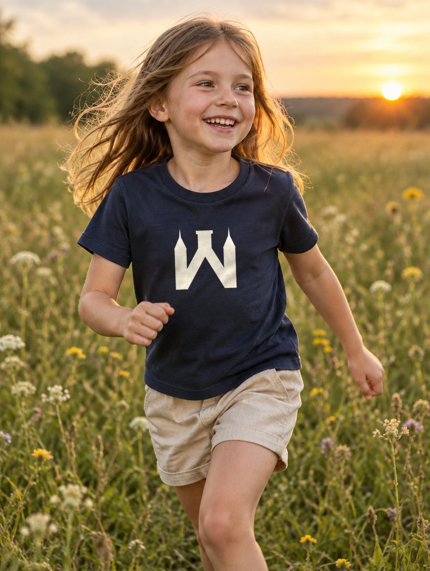 Mädchen im navyblauen T-Shirt mit grossem W-Signet rennt über eine Sommerwiese.