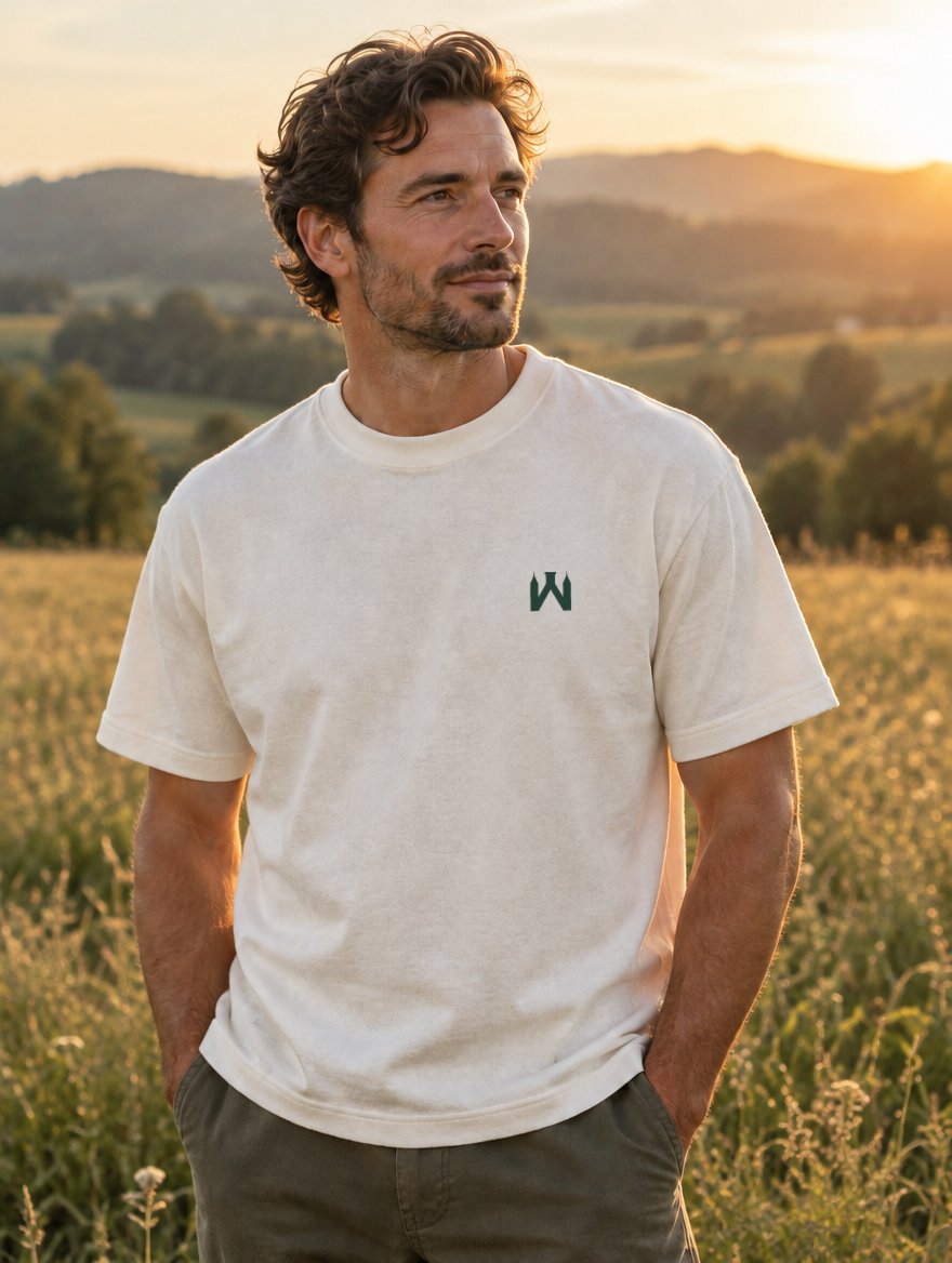 Mann im naturweissen T-Shirt mit grünem W-Signet auf einer Wiese im Abendlicht.