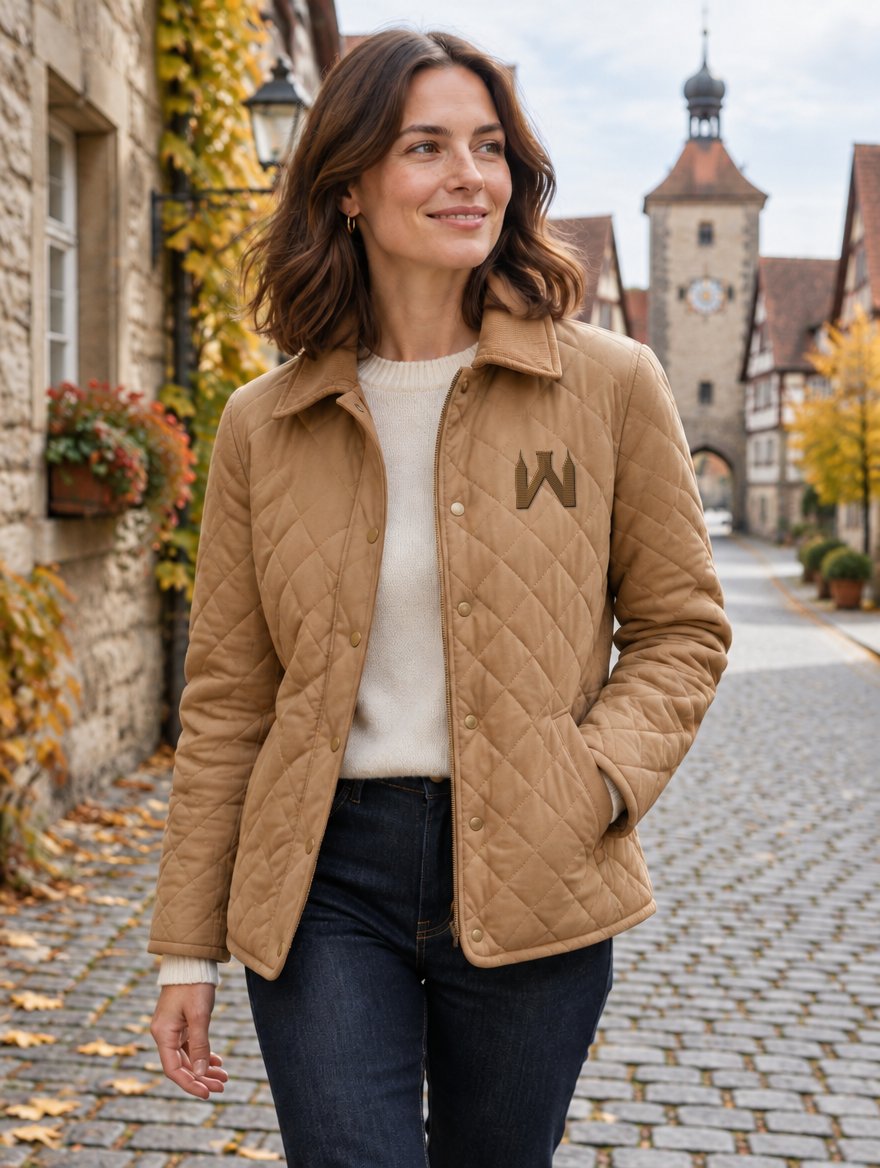 Frau in kamelfarbener Steppjacke mit gesticktem W-Signet auf einer Altstadtgasse im Herbst.